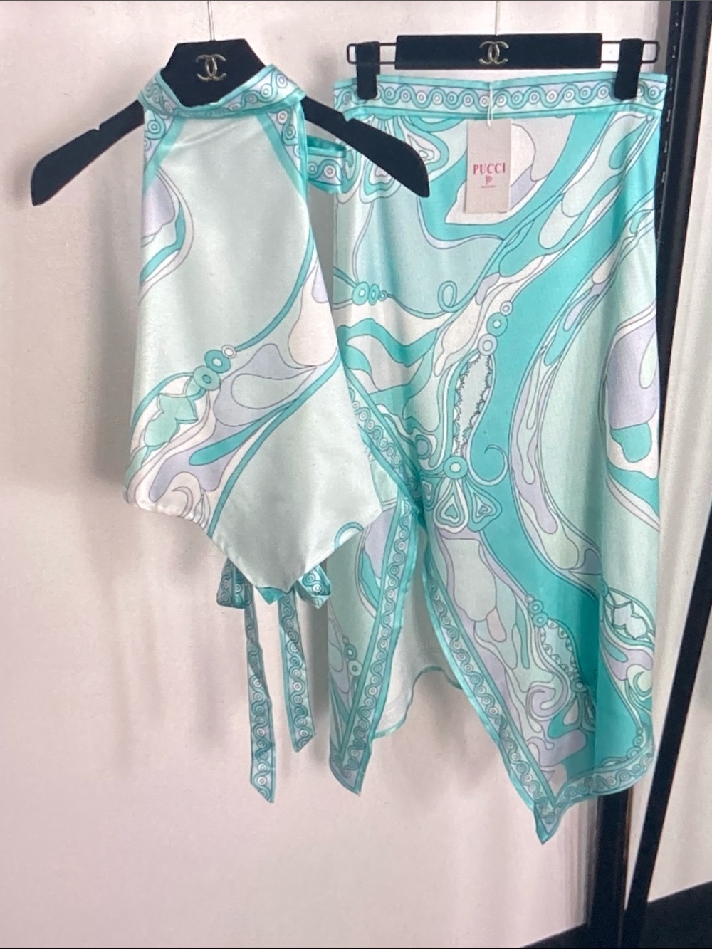 Emilio Pucci Turquoise and White Silk Mini Skirt Set